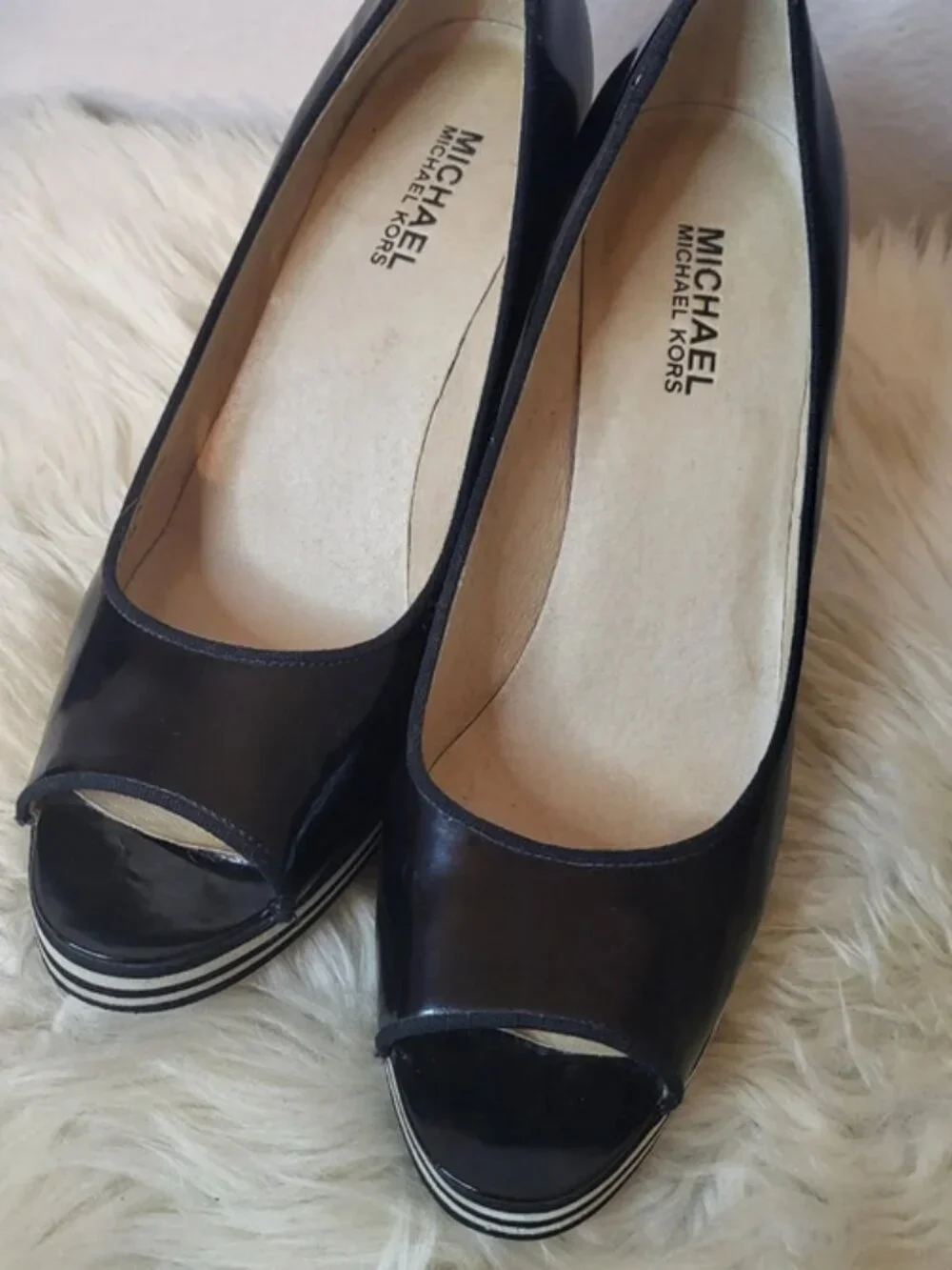Michael Michael Kors Adalia Peep Toe Patent Wedge Heels Black Stripe 7.5M